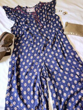 Anthro Maeve Printed Wide Leg Jumpsuit Size M Navy Floral Boho Romper Flowy